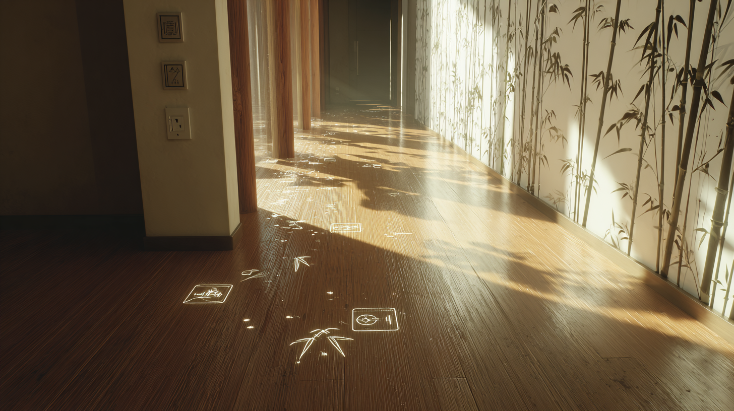 Przekrój deski bambusowej z warstwą piezoelektryczną, minimalistyczny salon z zielonymi akcentami